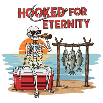 Humorous skeleton enjoying fishing, drinking, and sunset view by the ocean, comical and unique