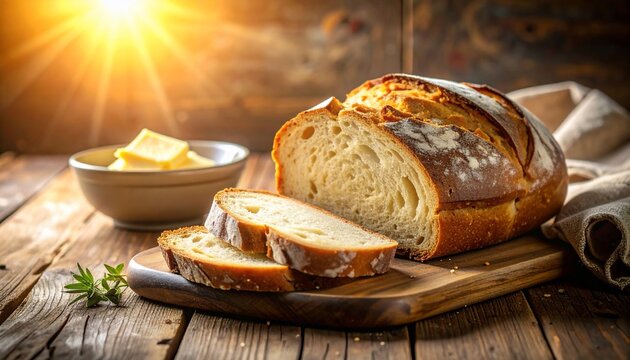 Freshly Baked Crusty Bread Slices with Butter with Rustic Charm, and Sunlight.