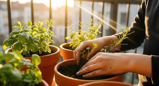 Close-up of hands planting herbs in terracotta pots on a sunlit balcony. A warm, beautiful image representing urban gardening, sustainability, home growing, freshness, and mindful living.