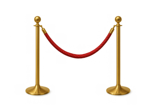 Red velvet rope barrier separating exclusive vip area, golden stanchions creating a distinguished entry, transparent background