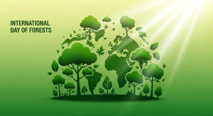 International Day of Forests Earth shape with trees and sun rays.