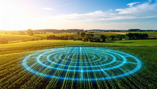 Futuristic Smart Farming Illuminated Crop Circle in Lush Fields with Aerial View.