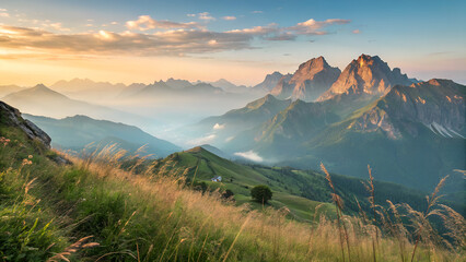 Majestic summer mountain panorama with sunset sky, green valley, forest trees, and snowy peaks, Mountain landscape at sunset