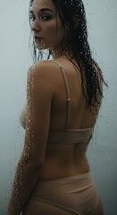 Wet-haired woman behind steamy glass exudes subtle sensuality and cool introspection.