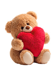 Cute teddy bear holding a red heart, adorable Valentine&rsquo;s Day gift isolated on white background