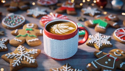 Christmas Morning Coffee with Gingerbread Cookies and Festive Red Cup