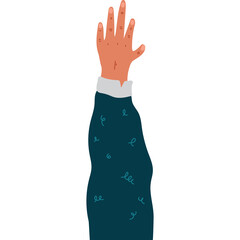 Obraz premium Close up of a person's arm raised upwards with fingers spread wearing a dark blue long sleeve shirt with subtle light blue patterns and a white collar against a plain white background symbolizing