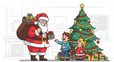 Santa Claus giving Christmas presents to a happy boy and girl.