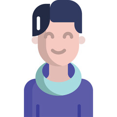 Close up of a person with dark hair and a light blue scarf around their neck wearing a purple top on a transparent background