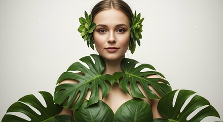 A serene young woman adorned with monstera leaves and green floral accents evokes nature.