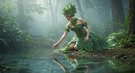 Woman in leaf gown touches water in misty tropic forest reflecting tranquil mood, peaceful scene.