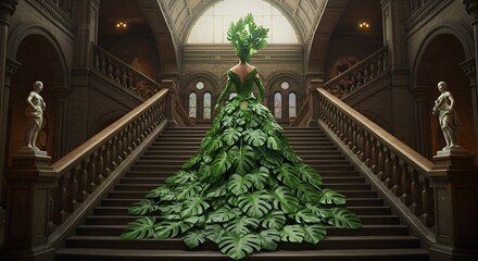 Woman in monstera leaf gown ascends grand staircase bathed in soft light in elegant scene
