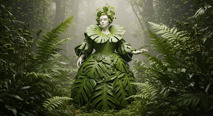 A lush figure emerges, adorned in a verdant gown of tropical monstera leaves in misty woods.