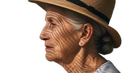 Profile of an older woman wearing a straw hat with sunlight and shadows on her face.