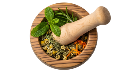 Wooden mortar and pestle grinding fresh and dried herbs for natural medicine and aromatherapy isolated PNG with Transparent Background