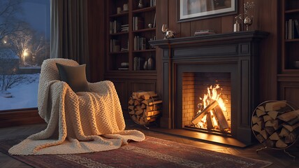Cozy winter evening fireplace with armchair and snowy window