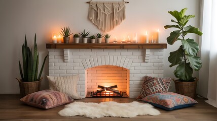 Hygge home: cozy fireplace & boho decor with plants and candles