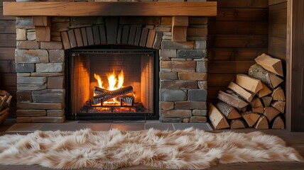 Rustic stone fireplace with roaring fire and cozy faux fur rug