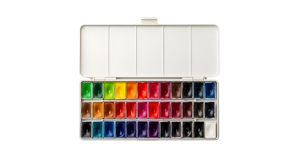 Open professional watercolor paint palette box showing colorful vibrant artistic pigments and supplies. isolated PNG with Transparent Background