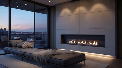 Luxury living: modern fireplace & panoramic city sunset view