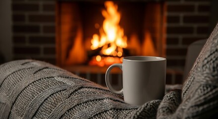 Cozy winter evening: warm drink on knitted blanket by fireplace