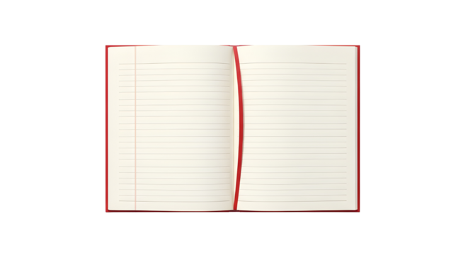 Open blank red notebook or journal with lined pages ready for taking notes. isolated PNG with Transparent Background