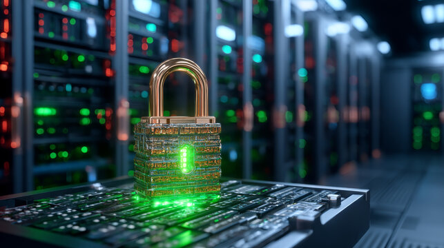 Secure server room with glowing green padlock on circuit board, symbolizing data protection, cybersecurity, encryption, and safe digital storage in modern technology environment