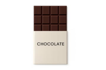 Chocolate bar in blank packaging mockup showing edible squares, advertising template with transparent background