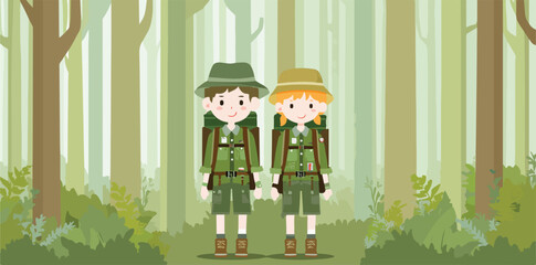 Ilustra&ccedil;&atilde;o vetorial de duas crian&ccedil;as exploradoras com mochilas em uma floresta verde