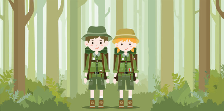 Ilustra&ccedil;&atilde;o vetorial de duas crian&ccedil;as exploradoras com mochilas em uma floresta verde