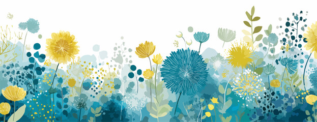 Padr&atilde;o de flores abstratas em aquarela com tons de azul e amarelo, arte digital