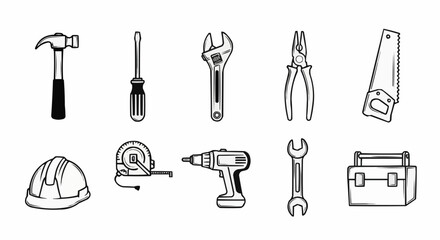 Hand drawn illustration of various construction and repair tools.