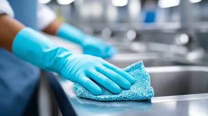 Cleanliness in Action: Close-up of Industrial Kitchen Hygiene Tools for Sanitation, with Copy Space
