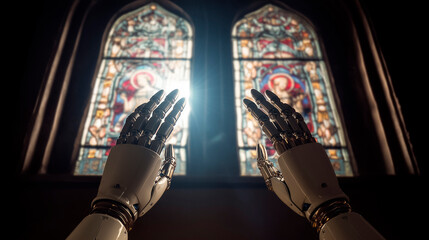 Robot hands raised against the background of the light from a church stained-glass window, a concept of artificial intelligence in religion