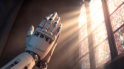 The hands of a robot praying in a church, a concept of artificial intelligence in religion
