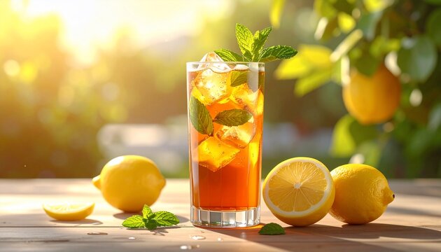 Iced tea with lemons and mint on a sunny day with outdoor refreshing drink concept.