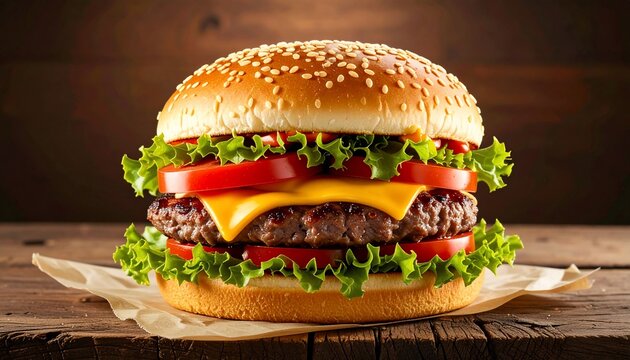 Juicy Cheeseburger with Fresh Ingredients on Wooden Table  Delicious Food Concept.