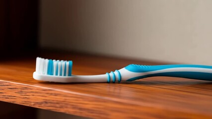 A blue and white toothbrush with bristles rests on a wooden surface
