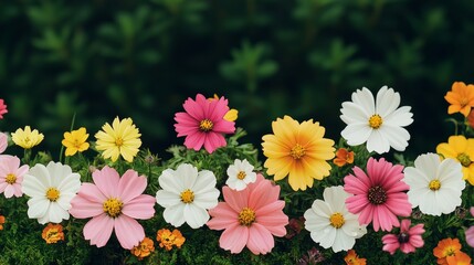 Fototapeta premium Stunning Diverse Array of Beautifully Colorful Flowers in Full Bloom Against a Dark Green Background