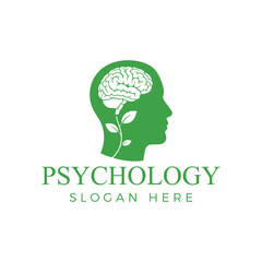 Psychology logo featuring a human head silhouette with a brain and plant inside for mental health awareness