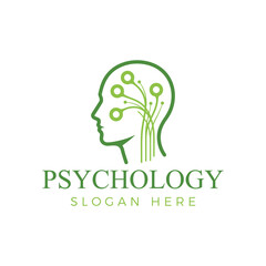 Psychology logo design featuring a green human head silhouette and a circuit