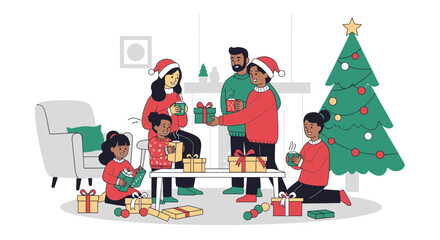 Family gathering around a Christmas tree, exchanging gifts and celebrating the holiday season together.