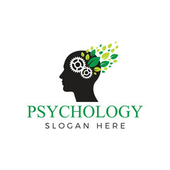 Psychology logo with gears and leaves inside head mental health and mind treatment concept