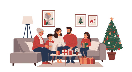 A happy multi-generational family celebrating Christmas together in a cozy living room, exchanging gifts by the decorated tree.