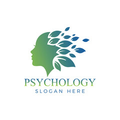 Psychology logo featuring a womans head with leaves, symbolizing nature and growth
