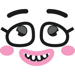 Close Up Of A Whimsical Cartoon Face With Big Round Eyes Wearing Glasses Blush Cheeks and A Smiling Mouth With Visible Teeth and Black Eyebrows on a White Background