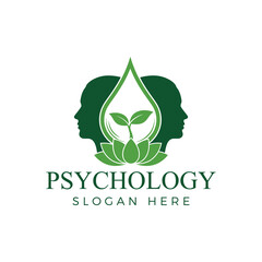 Psychology logo design with human head, lotus flower, and water drop