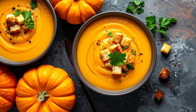 Pumpkin Cream Soup with Croutons and Fresh Parsley