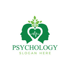 Psychology logo featuring two green human profiles, a heart with an ekg line, and leaves