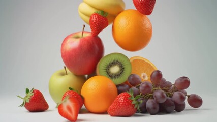 Fresh fruit flying in vibrant motion, showcasing healthy eating and dynamic energy for a lively feel, ideal for food promotions and wellness content